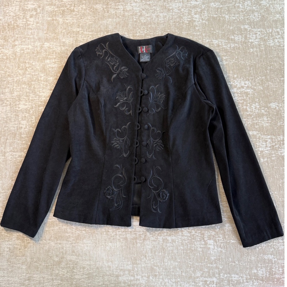 Vintage R&K Originals Black Embroidered Button Front Blazer Jacket Size 12